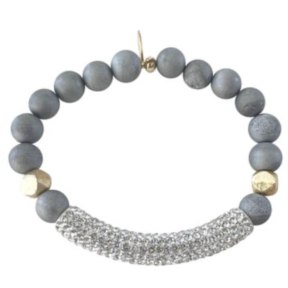 Stretch Bracelet Gray Druzy Stone Gray Beads & Gray Rhinestone Crystal Bar NEW